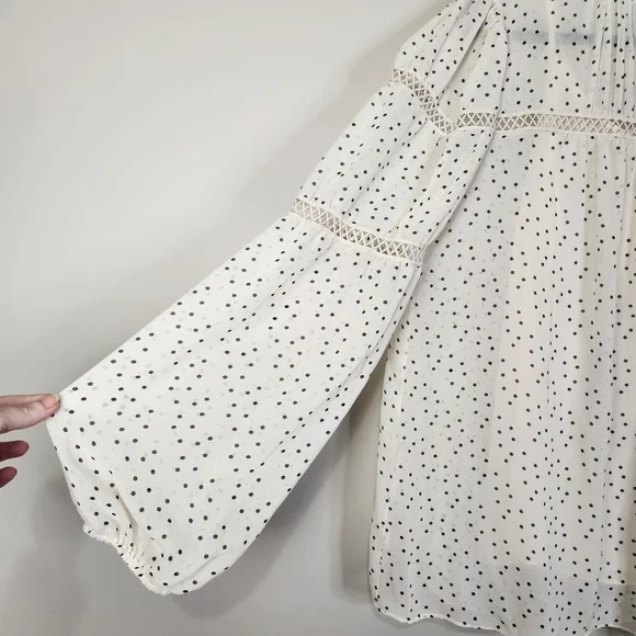 Women's Cream & Black Speck Print Peasant High Neck Sheer Blouse Large - Picture 5 of 16